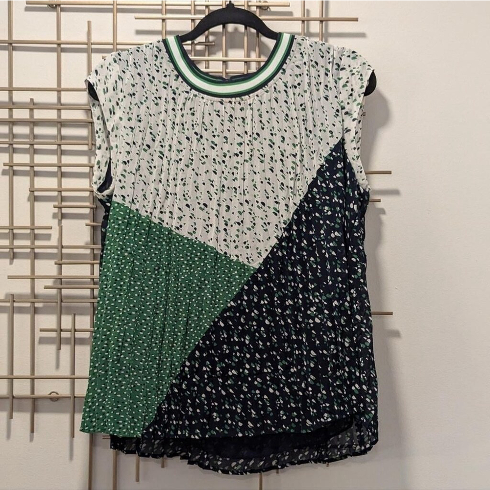 Sleeveless‎ Pleated Crew Neck Blouse Sz S Retro Polka Dot Color Block Navy Green